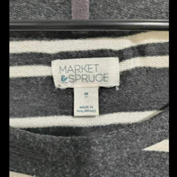 Market & Spruce 2X Plus Size Gray White Stripe Long Sleeve Top - Picture 2 of 2